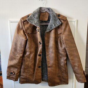 Women's Faux Leather PU Jacket with Fleece Lining – Brown